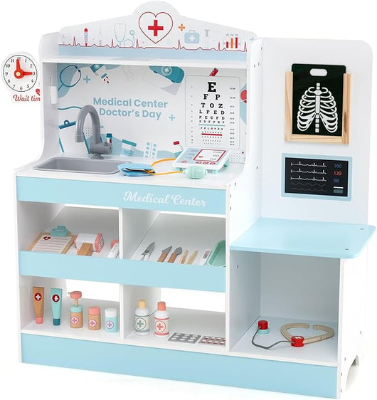 Set da Gioco Dottore in Legno, Centro Medico per Bambini con Orologio, Lavandino, Tabella Oculistica, Monitor ECG, Area Esame e 24 Accessori Giocattolo, 97 × 30,5 × 88 cm (Blu)