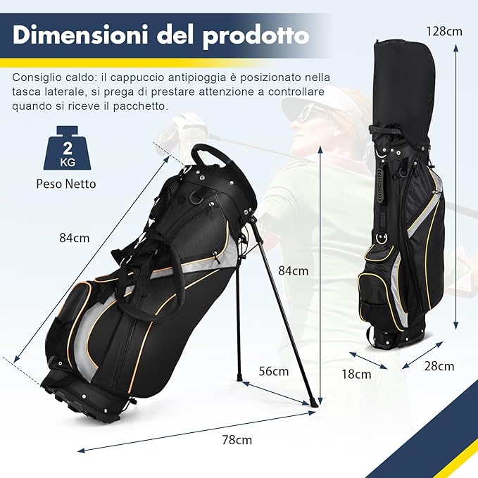 Borsa da Golf a 8 Vie, Borsa da Golf Portatile Leggera da 2 kg con Separatori Superiori, 7 Tasche, Borsa Frigo e Cappuccio Antipio