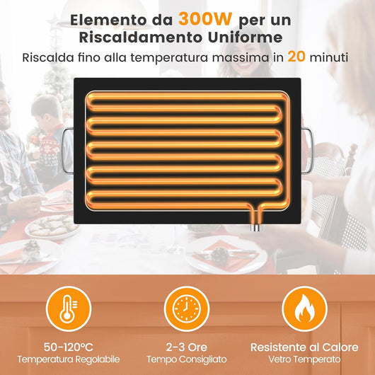 Vassoio Scaldavivande Elettrico, Vassoio Riscaldante in Acciaio Inox con Piano in Vetro Resistente alle Alte Temperature, Maniglie Antiscottatura, per Casa e Festa