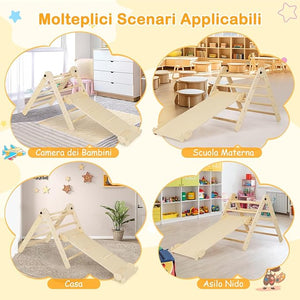3 in 1 Set da Arrampicata per Bambini, Giocattoli da Arrampicata Triangolari Pieghevoli, Altezza Regolabili, con Scivolo/Rampe da Arrampicata, Carico 60 kg (Naturale)