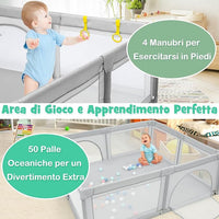 Box per Bambini, Centro Attivit¨¤ Portatile con Cancelli di Sicurezza, con Ventose Antiscivolo, Pareti a Rete Traspirante e 4 Anelli per Bambini, con 50 Palline, 206 x 185,5 x 68CM (grigio)