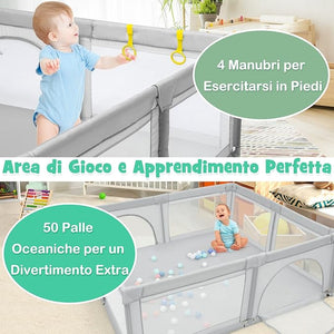 Box per Bambini, Centro Attivit¨¤ Portatile con Cancelli di Sicurezza, con Ventose Antiscivolo, Pareti a Rete Traspirante e 4 Anelli per Bambini, con 50 Palline, 206 x 185,5 x 68CM (grigio)