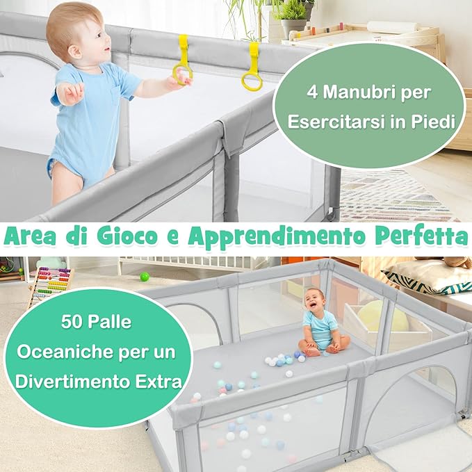 Box per Bambini, Centro Attivit¨¤ Portatile con Cancelli di Sicurezza, con Ventose Antiscivolo, Pareti a Rete Traspirante e 4 Anelli per Bambini, con 50 Palline, 206 x 185,5 x 68CM (grigio)