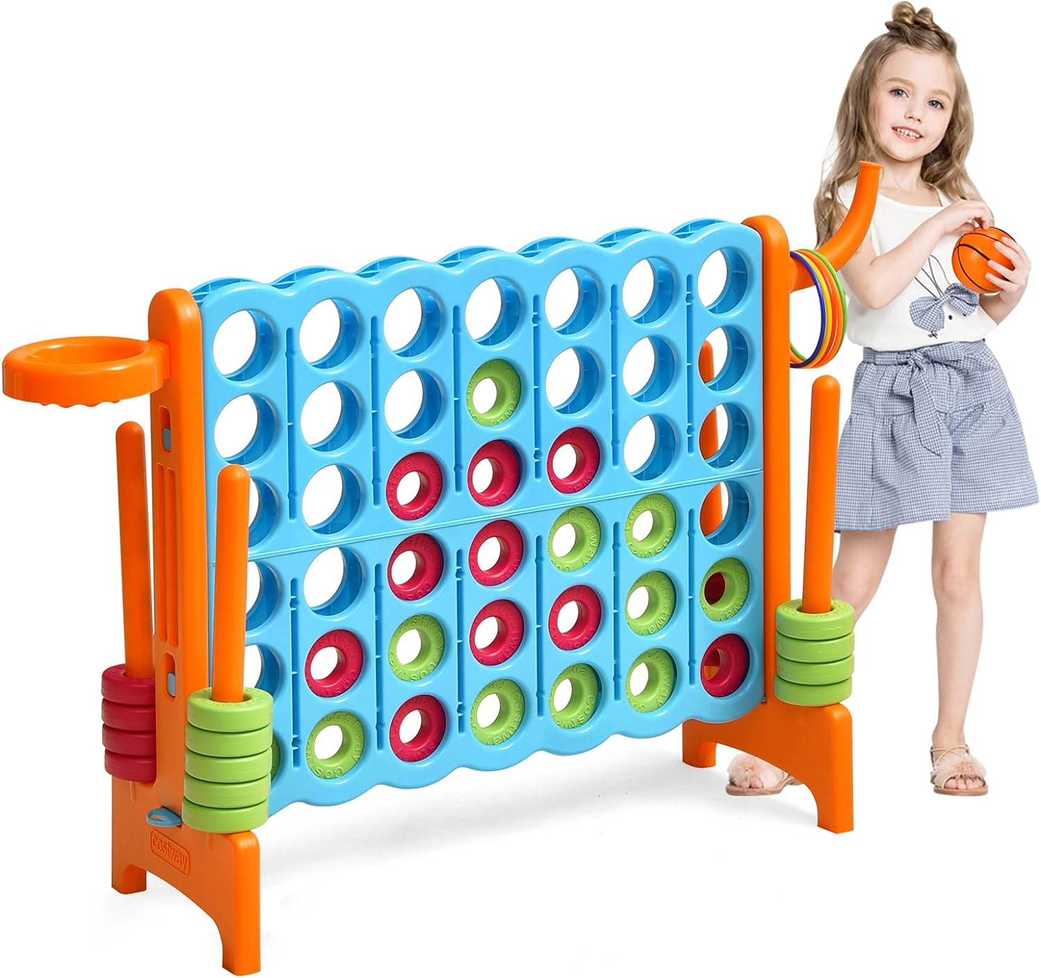 Forza 4 Gigante, Set forza 4 per Bambini e Adulti, con Canestro e Gioco di Lancio, Perfetto per Feste di Compleanno e Vacanze (Arancione)