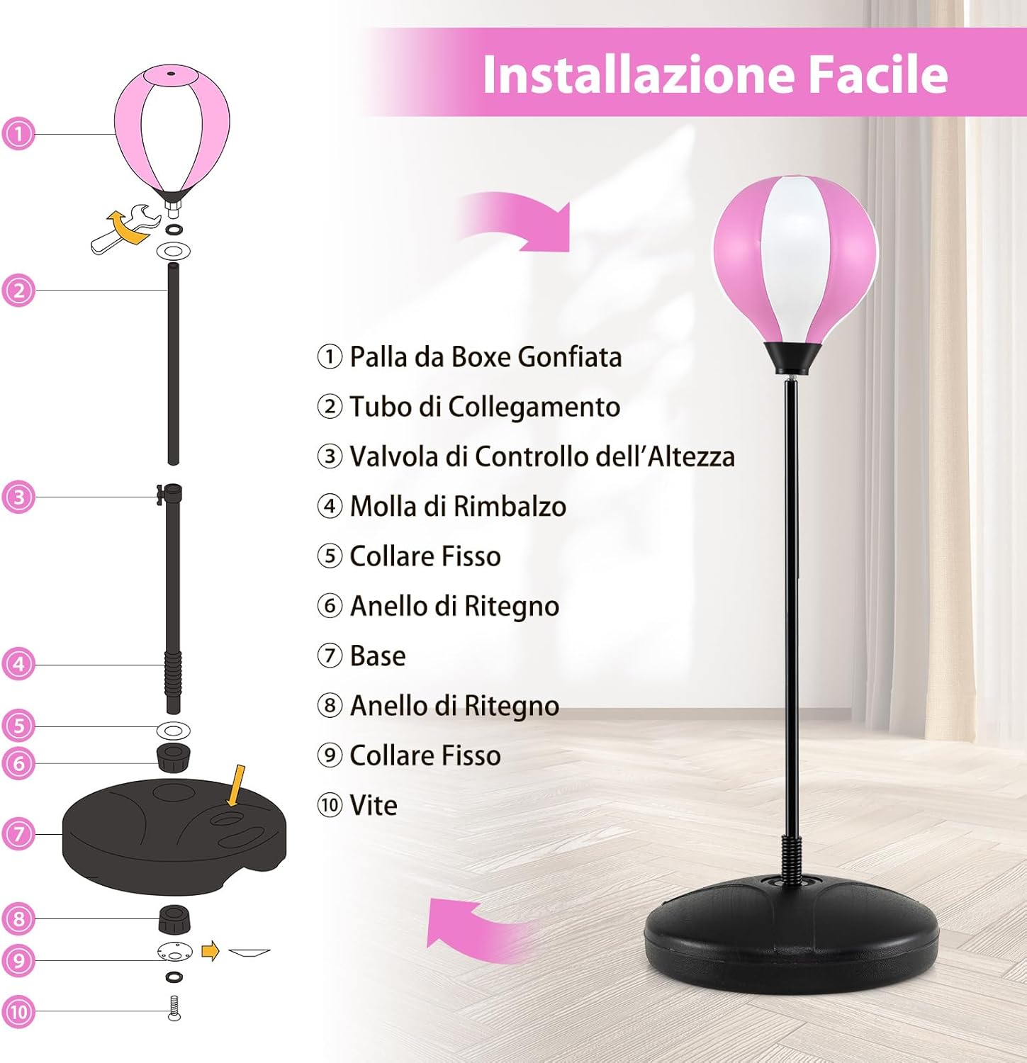 Sacco da Boxe per Bambini Altezza Regolabile, Punching Ball per Bambini con Guantoni, Palla di Pugilato da Terra con Base Stabile Riempibile con Acqua o Sabbia