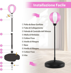 Sacco da Boxe per Bambini Altezza Regolabile, Punching Ball per Bambini con Guantoni, Palla di Pugilato da Terra con Base Stabile Riempibile con Acqua o Sabbia