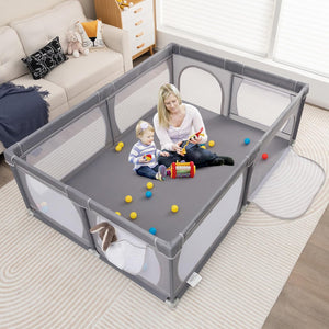 Recinto per Bambini, Box per Bambini con Rete Traspirante, Centro Attività per Bambini con 50 Palline, Box Giochi per Bambini 0-3 Anni (Grigio Scuro, 206 x 147 cm)