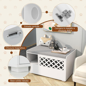 Mobile per Lettiera per Gatti, Panca per Lettiera per Gatti, Mobile Contenitore con Cuscino Rimovibile per Gatti da Interno, Bianco, 90 x 48,5 x 52 cm