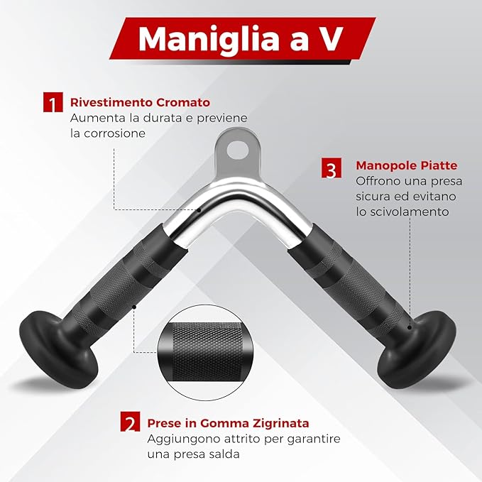 Set di Accessori per Macchine a Cavi, Accessori per LAT Pulldown incl. Maniglia a Forma di V, Barra Rettangolare, Corda per Tricipiti e Maniglia a Doppio D, Accessori per Macchine da Allenamen