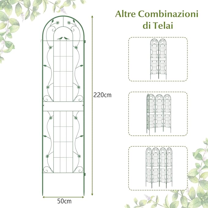 Grigliati per Rampicanti 220 x 50 CM, Set di 2 Tralicci di Metallo Antiruggine per Piante Rampicanti, Rose e Verdure, Decorazione Esterna per Giardino, Cortile e Patio (Verde)