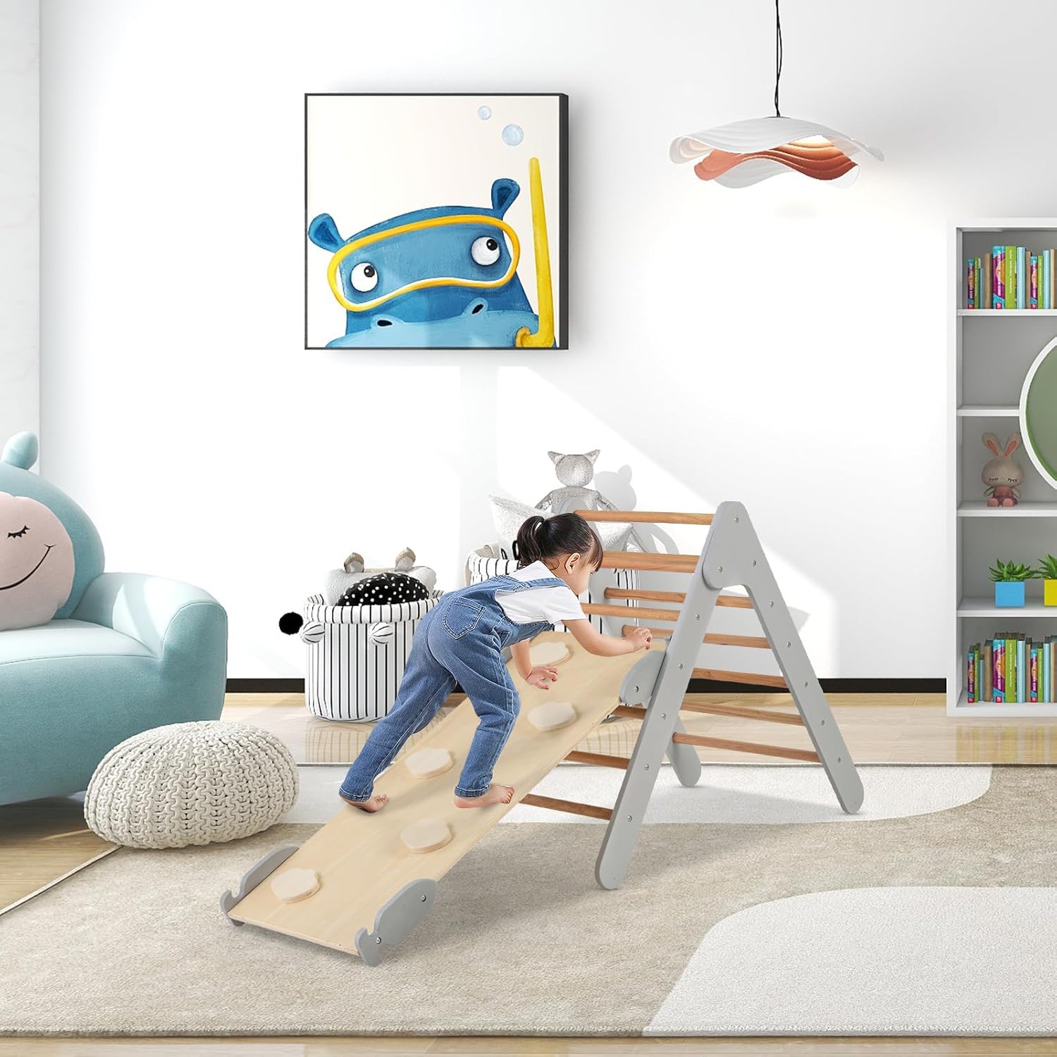 3 in 1 Arrampicata Giocattolo a Triangolo per Bambini, Set di Arrampicata con Rampa di Scivolo a 2 Lati e Inclinazione Regolabile, Arrampicatore per Bambini 1 Anno+ (Grigio)