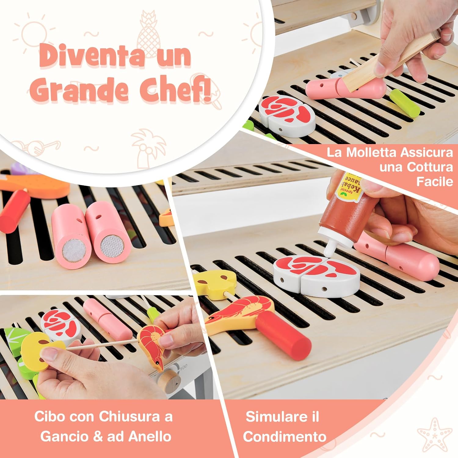 Set di Gioco Barbecue per Bambini, Giocatollo di Barbecue per Bambini con Accessori, Set da Cucina di Barbecue Realistico in Legno, per Ragazzi 3+ Anni