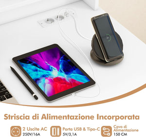 Scrivania per Computer con 2 Prese di Corrente e Prese USB, Scrivania Ufficio con Cassetto e Ripiano Estraibile per Tastiera, Scrivania Gaming con Ripiano Regolabile, 105 x 55 x 89 cm, Bianco