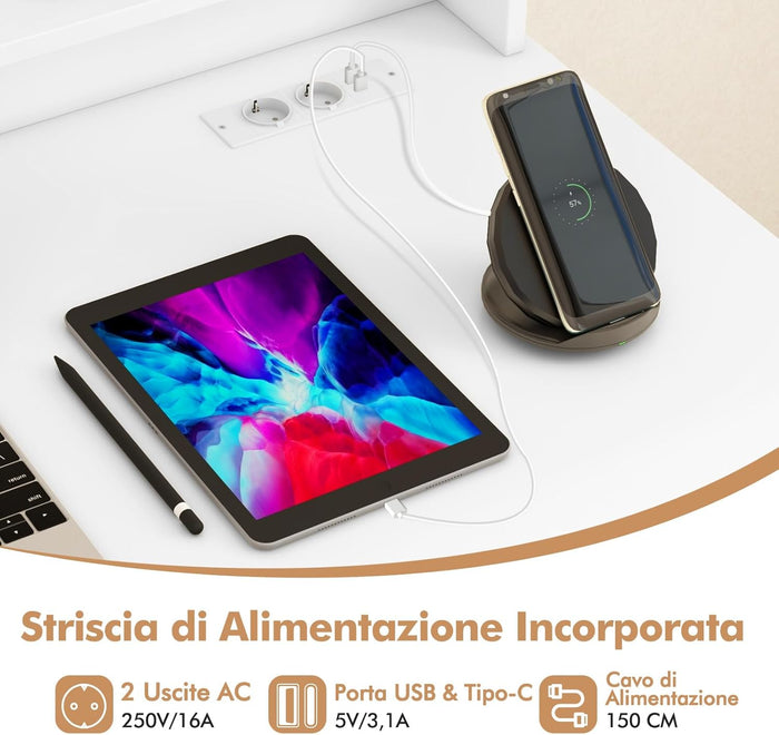 Scrivania per Computer con 2 Prese di Corrente e Prese USB, Scrivania Ufficio con Cassetto e Ripiano Estraibile per Tastiera, Scrivania Gaming con Ripiano Regolabile, 105 x 55 x 89 cm, Bianco