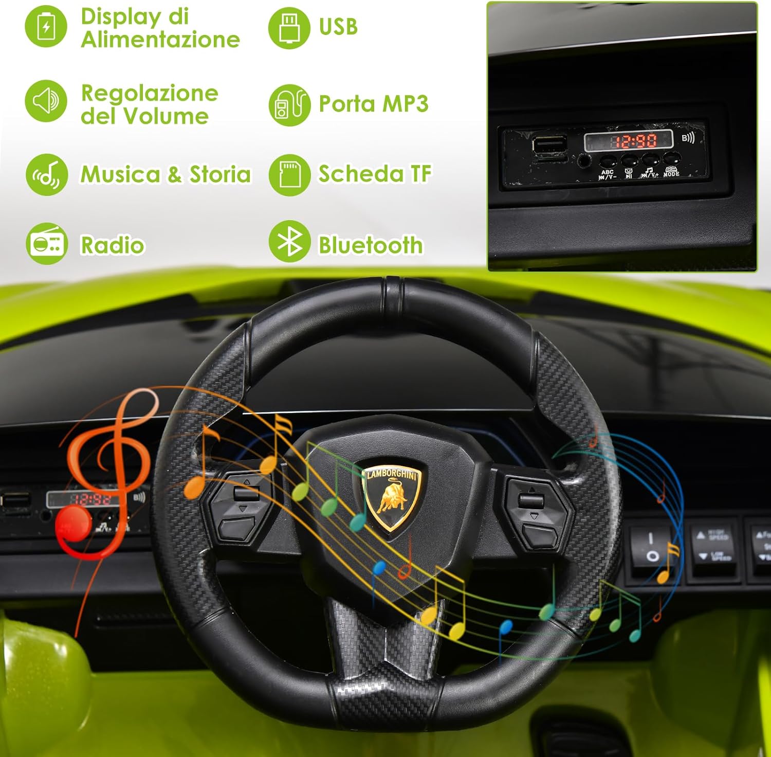Macchina Elettrica Lamborghini per Bambini da 12V, Veicolo Elettrico con Luci LED MP3 Telecomando, Fino a 5km/h, +3 Anni (Verde)
