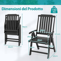 Sedia Esterno Pieghevole, Sedia Ergonomica in HDPE con Braccioli, Schienale Curvo e Seduta a Doghe, Poltrona Pranzo per Giardino Balcone Patio, Portata 150 kg (Nero)