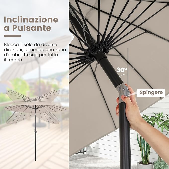 Ombrellone da Giardino Rotondo di 265 cm, Ombrellone da Patio con 18 Costole, Inclinazione a Pulsante, Parasole con Supporto in Metallo, per Cortile, Piscina, Spiaggia(Beige)