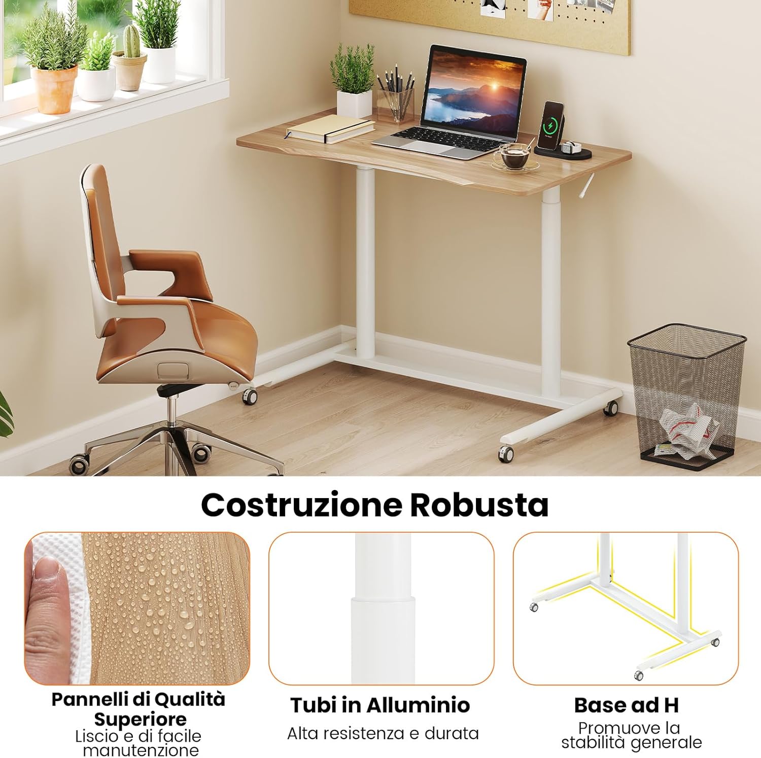 Scrivania Regolabile in Altezza a Forma di C, Scrivania con Ruote Bloccabili e Struttura in Metallo, Tvolo Portatile per Laptop e per Spazi Ridotti (Naturale)