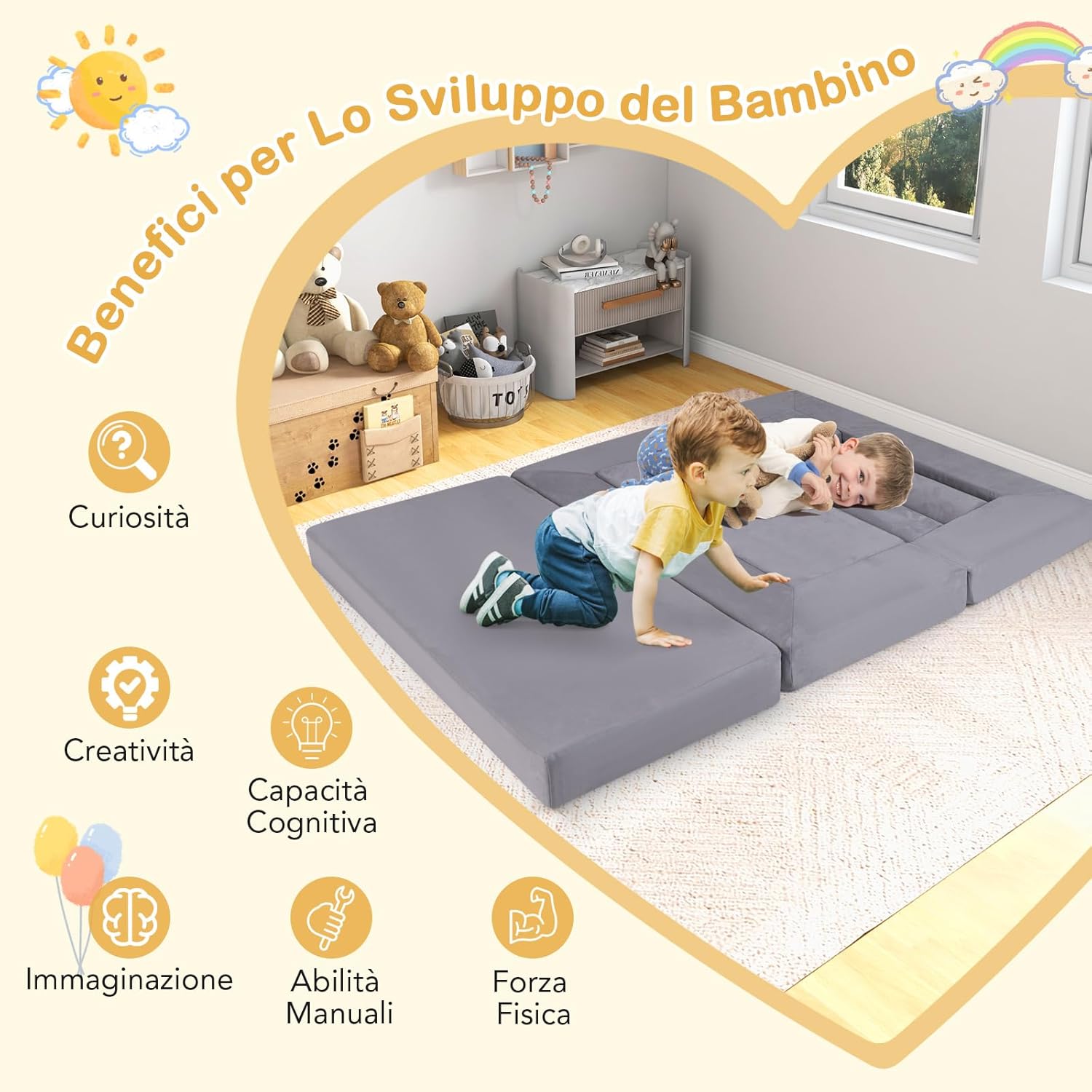 Divano Modulare per Bambini, 9 Pezzi, Divano Letto per Bambini in Schiuma con Tessuto Suede, Coperture Lavabili, Divano Convertibile per Stanze da Gioco, Camere da Letto, Soggiorno (Grigio)