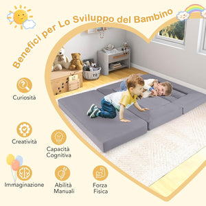 Divano Modulare per Bambini, 9 Pezzi, Divano Letto per Bambini in Schiuma con Tessuto Suede, Coperture Lavabili, Divano Convertibile per Stanze da Gioco, Camere da Letto, Soggiorno (Grigio)