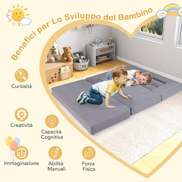 Divano Modulare per Bambini, 9 Pezzi, Divano Letto per Bambini in Schiuma con Tessuto Suede, Coperture Lavabili, Divano Convertibile per Stanze da Gioco, Camere da Letto, Soggiorno (Grigio)
