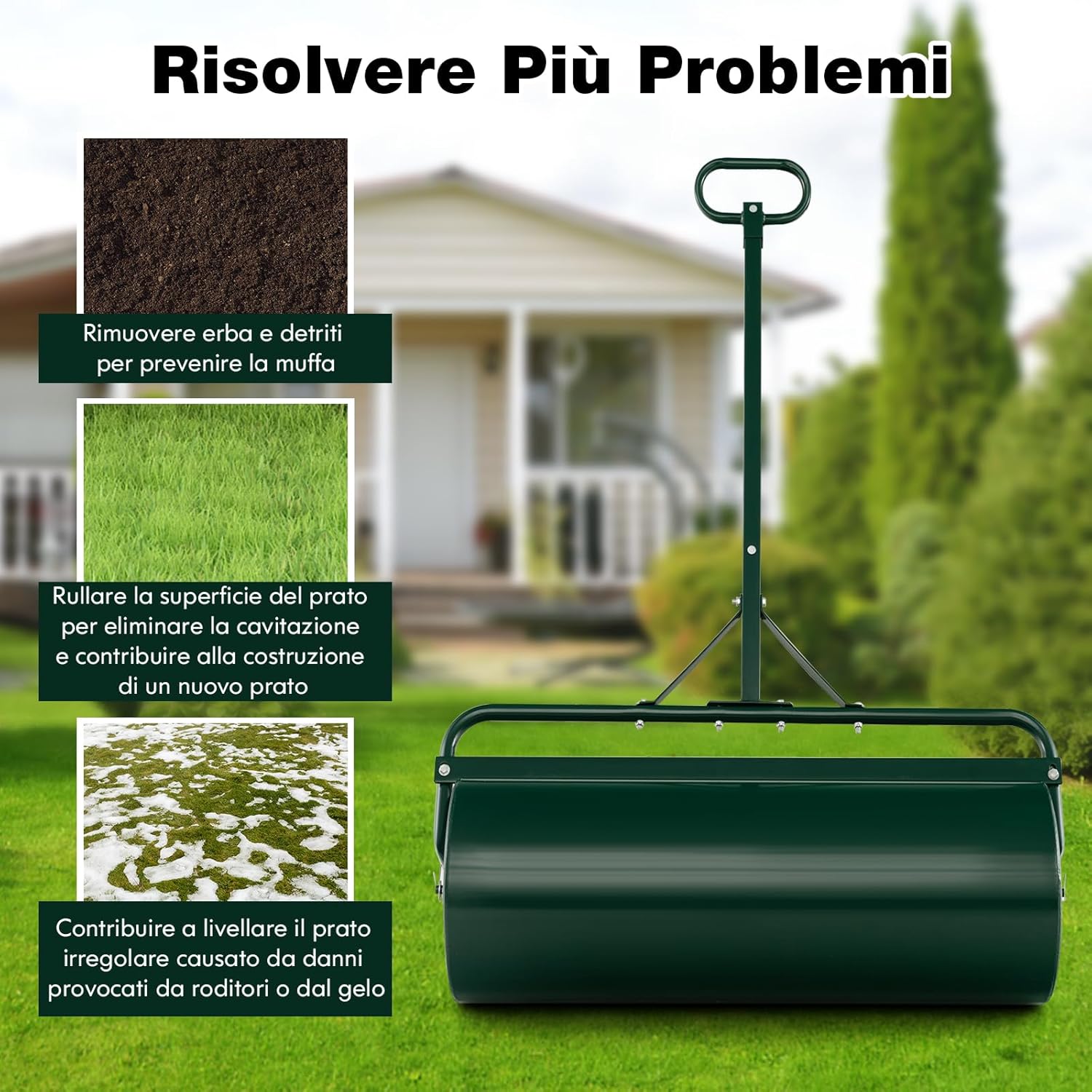 Rullo da Giardino per Prato 113 L 90 x 40 cm, Rullo per Prato in Metallo Riempibile di Acqua/Sabbia con Manico Antiscivolo, Ideale per Cortile, Parco e Fattoria (Verde)
