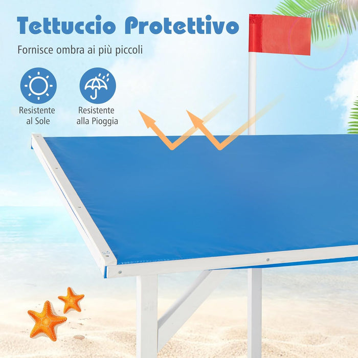 Sabbiera per Bambini a Forma di Nave Pirata con Tettuccio, Barca di Legno di Abete con Bandiera Timone e Sedili, Area Gioco di Sabbia, 218×110×162 cm