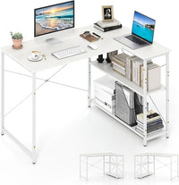 Scrivania Angolare a Forma di L, Scrivania ad Angolo Salvaspazio e Reversibile con Ripiano Regolabile e Struttura in Metallo Resistente, Tavolo per Ufficio e Casa (Bianco)