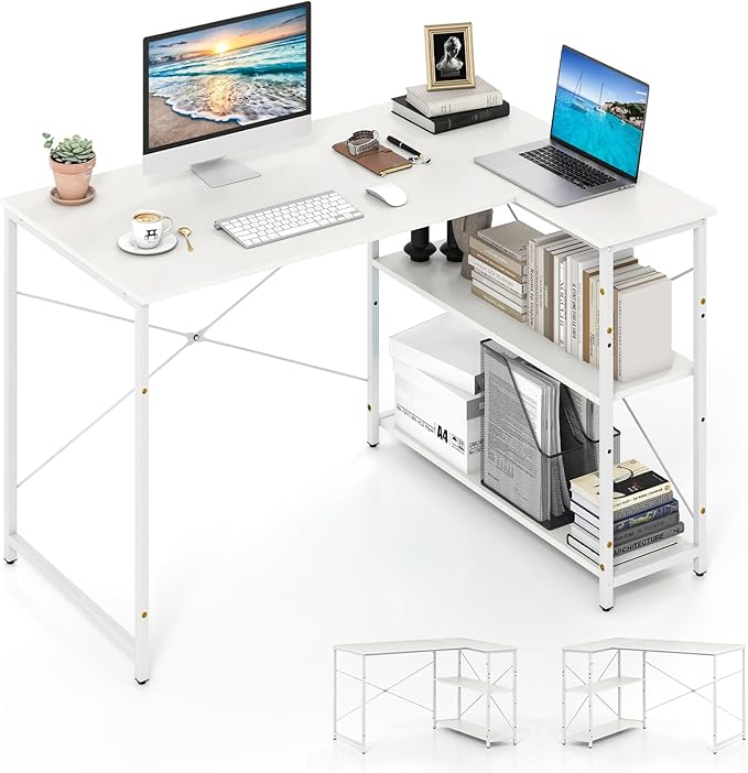 Scrivania Angolare a Forma di L, Scrivania ad Angolo Salvaspazio e Reversibile con Ripiano Regolabile e Struttura in Metallo Resistente, Tavolo per Ufficio e Casa (Bianco)