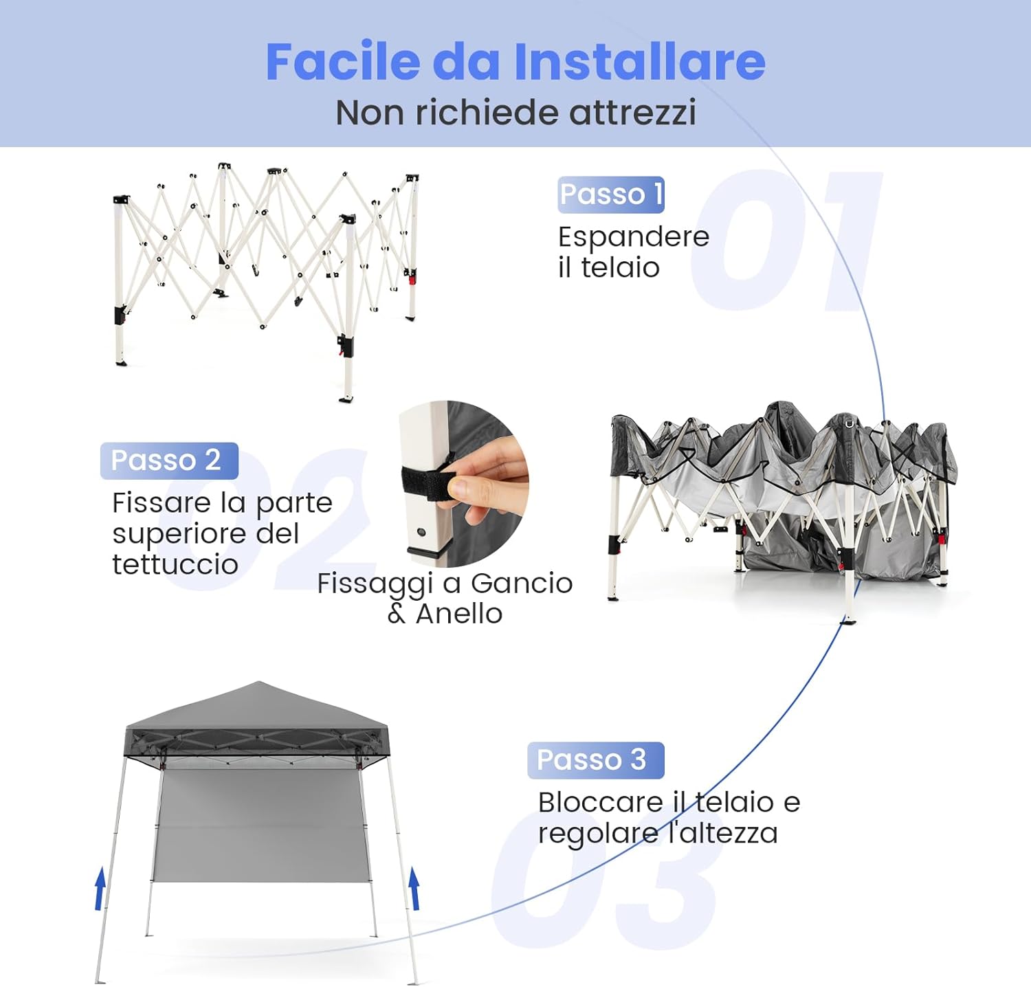 Gazebo Pop-up da Esterno 182 x 182 cm, Gazebo Pieghevole con 1 Parete Laterale, Gambe Inclinabili Regolabili e 4 Picchetti, Tendone Impermeabile per Feste, Campeggio e Picnic (Grigio)