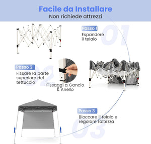 Gazebo Pop-up da Esterno 182 x 182 cm, Gazebo Pieghevole con 1 Parete Laterale, Gambe Inclinabili Regolabili e 4 Picchetti, Tendone Impermeabile per Feste, Campeggio e Picnic (Grigio)