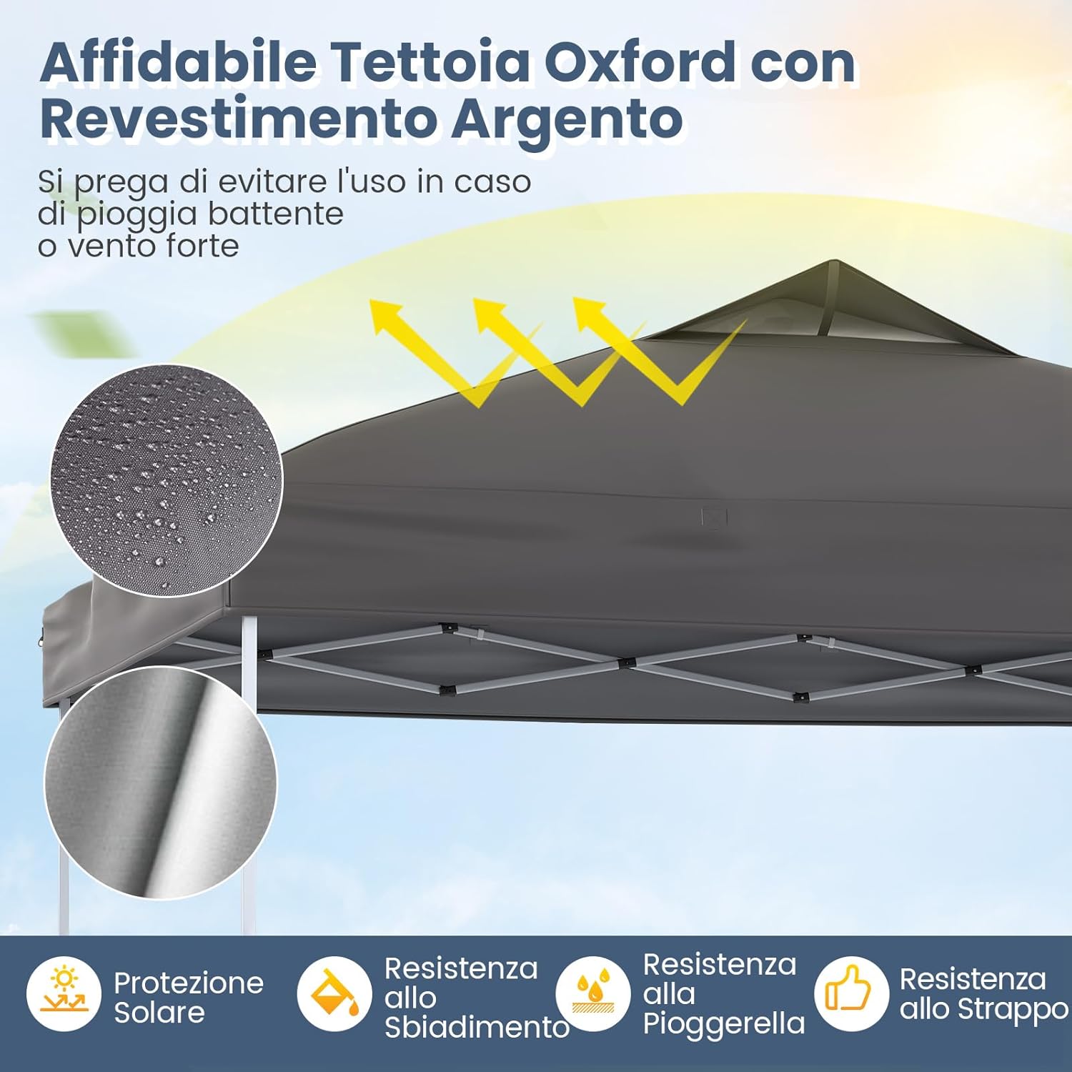 Gazebo Pop-up da 295 x 295 cm, Gazebo da Giardino Impermeabile con Blocco Centrale, Borsa da Trasporto Portatile, Corde Antivento, Picchetti, Tenda Regolabile in Altezza per Feste (Grigio)