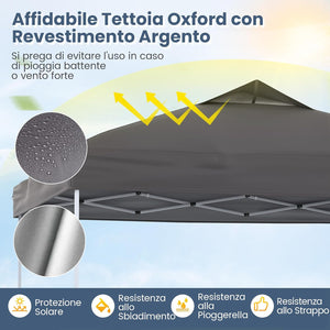 Gazebo Pop-up da 295 x 295 cm, Gazebo da Giardino Impermeabile con Blocco Centrale, Borsa da Trasporto Portatile, Corde Antivento, Picchetti, Tenda Regolabile in Altezza per Feste (Grigio)