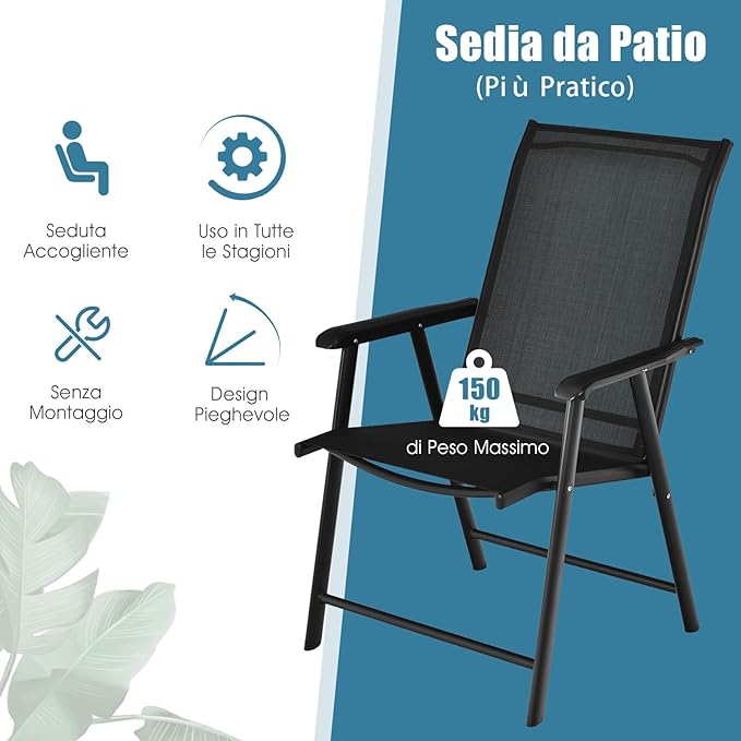 Set di 2 Sedie Pieghevoli, Sedia da Esterno con Struttura in Ferro Resistente, Con Braccioli, Ideale per Campeggio Spiaggia, 68 x 59 x 93cm (Nero)