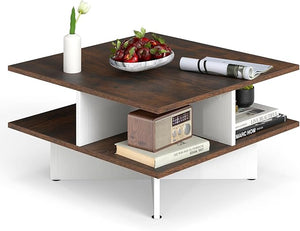 Tavolino da Caffè a 2 Livelli, Tavolo da Salotto con 4 Scomparti per Storage e Base a Croce, Tavolo Moderno per Studio, Ufficio e Soggiorno, Marrone e Bianco
