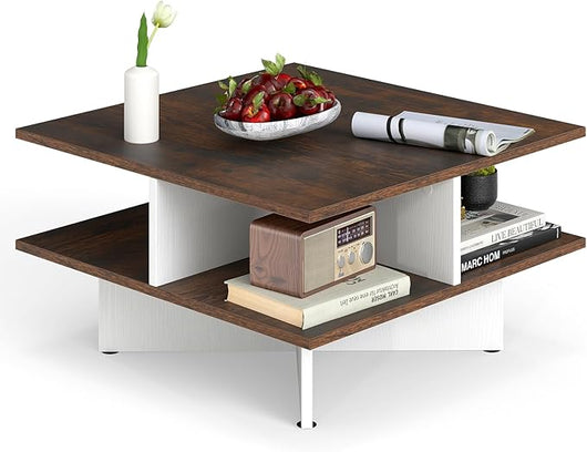Tavolino da Caffè a 2 Livelli, Tavolo da Salotto con 4 Scomparti per Storage e Base a Croce, Tavolo Moderno per Studio, Ufficio e Soggiorno, Marrone e Bianco