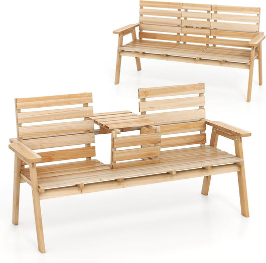 Panchina da Giardino in Legno, Panca Abete 2 o 3 Posti, 160 x 64 x 86 cm, Tavolino Convertibile in Seduta, Panca per Veranda, con Schienale, Braccioli, Portata 300 kg (Naturale)
