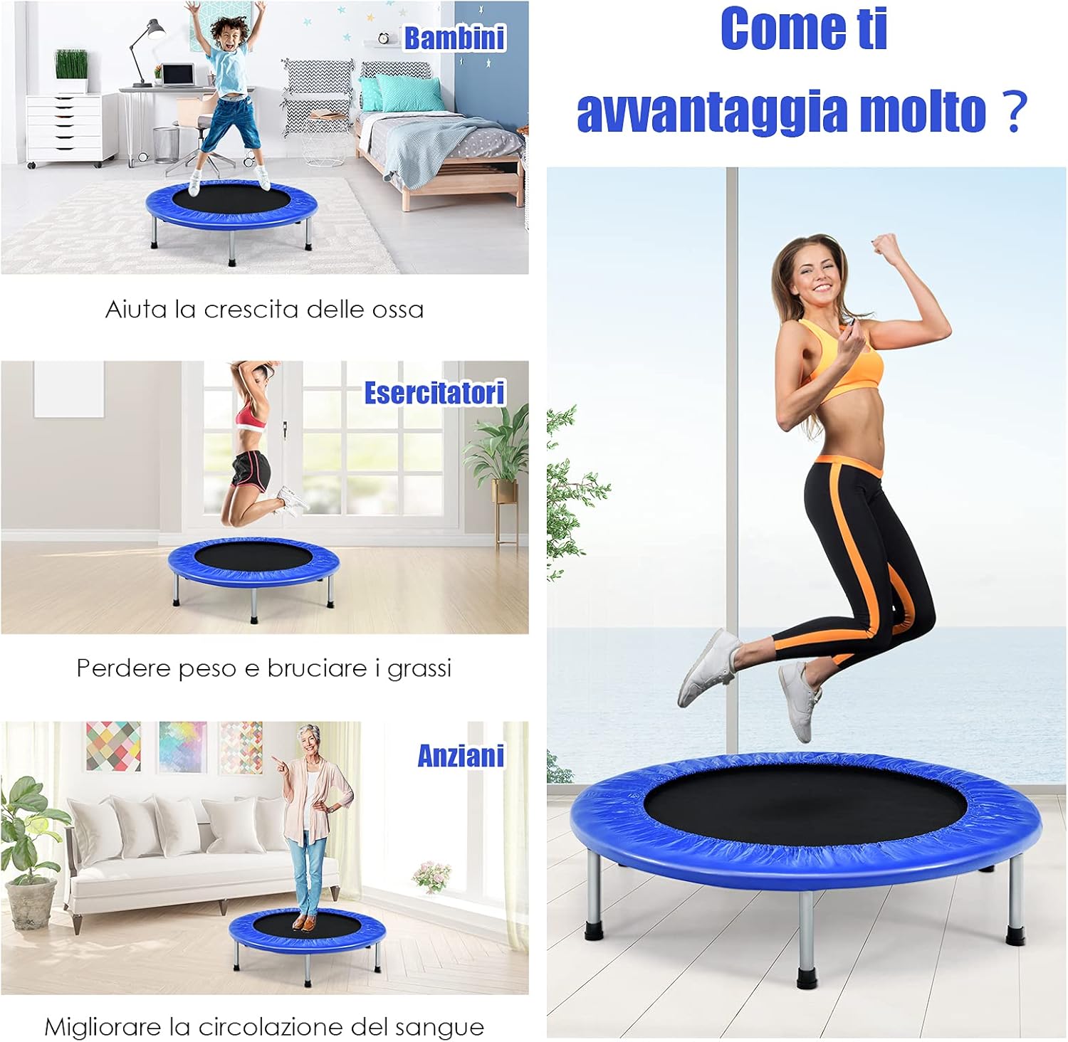 Mini Trampolino Elastico e Pieghevole, Capacità di Carico 150 kg, per Interno ed Esterno