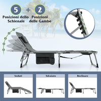 Lettino Prendisole Pieghevole, Lettino da Spiaggia con Schienale Regolabile, Poggiatesta, Cuscino e Tasca, Sedia a Sdraio per Giardino Piscina, Portata 180 kg (Grigio Scuro)