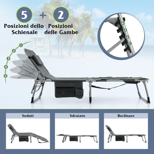 Lettino Prendisole Pieghevole, Lettino da Spiaggia con Schienale Regolabile, Poggiatesta, Cuscino e Tasca, Sedia a Sdraio per Giardino Piscina, Portata 180 kg (Grigio Scuro)