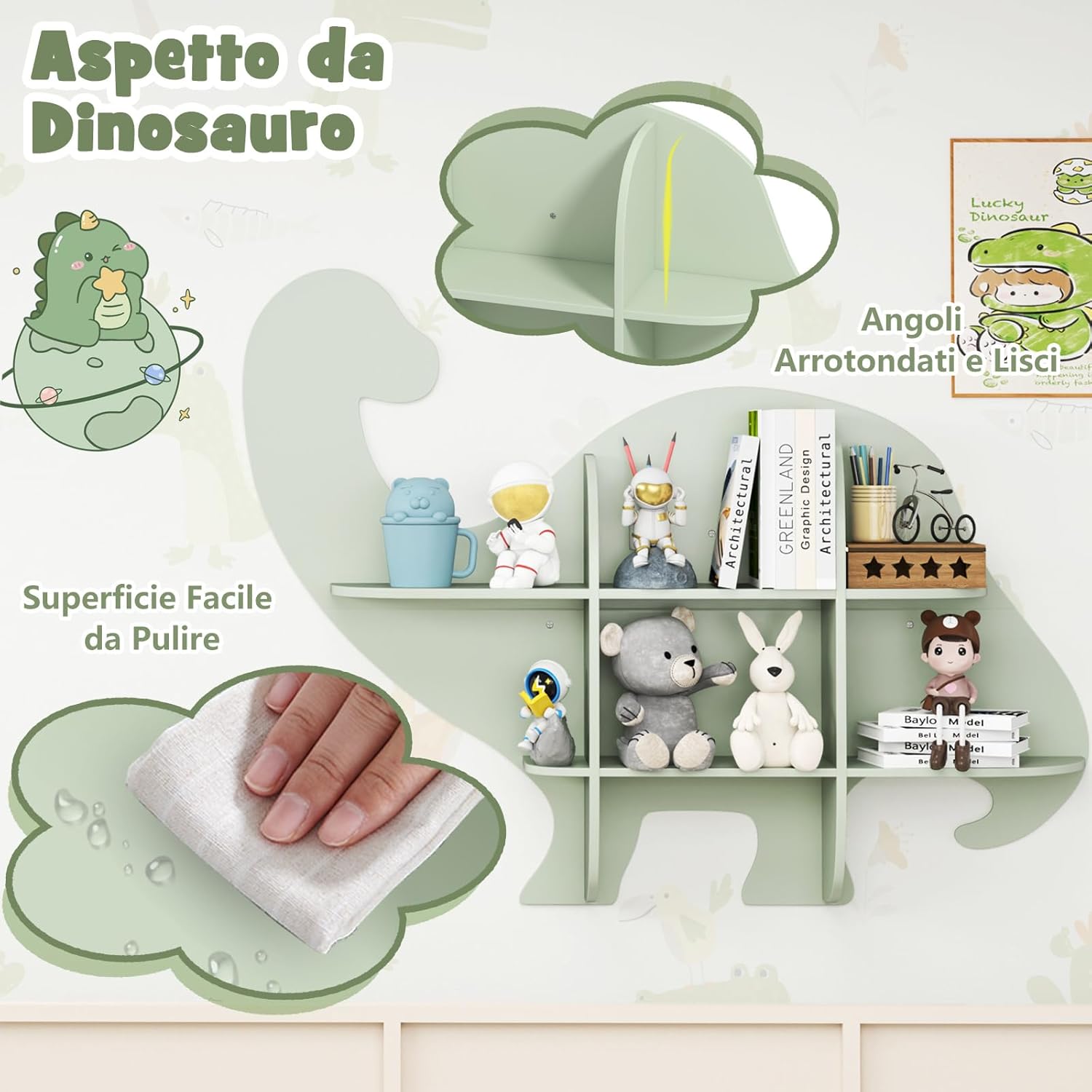 Libreria da Parete per Bambini a Forma di Dinosauro, Mensola a 2 Ripiani in Legno da Appendere, Scaffale da Parete per Camera dei Bambini Camera da Gioco Asilo, 105,5x16x78,5 cm