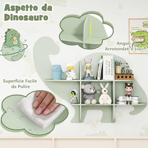 Libreria da Parete per Bambini a Forma di Dinosauro, Mensola a 2 Ripiani in Legno da Appendere, Scaffale da Parete per Camera dei Bambini Camera da Gioco Asilo, 105,5x16x78,5 cm