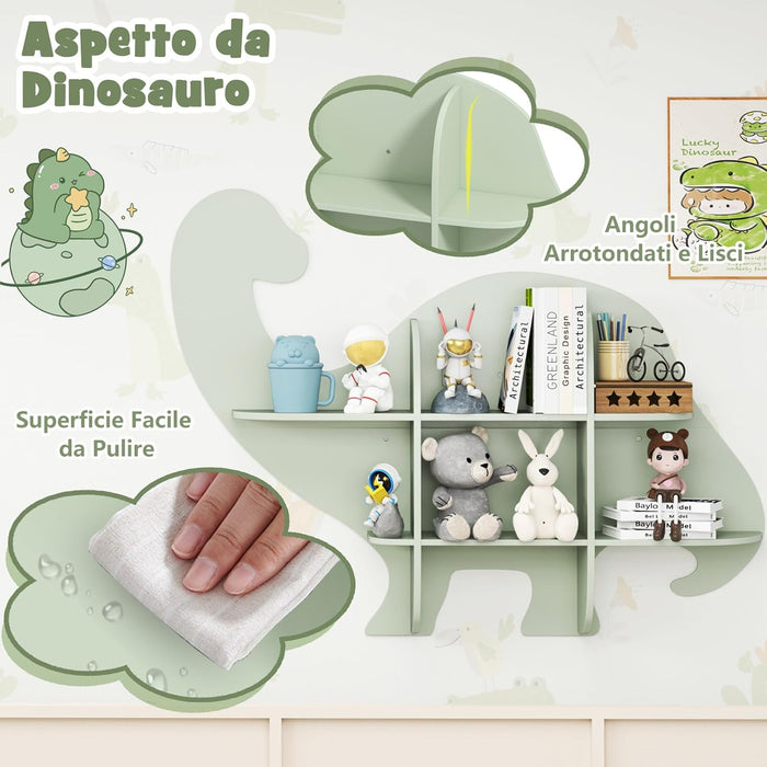 Libreria da Parete per Bambini a Forma di Dinosauro, Mensola a 2 Ripiani in Legno da Appendere, Scaffale da Parete per Camera dei Bambini Camera da Gioco Asilo, 105,5x16x78,5 cm