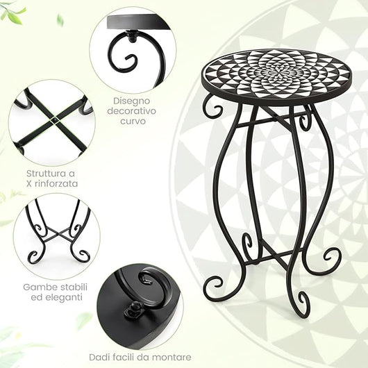 Tavolino da Esterno a Mosaico con Piano d'appoggio in Ceramica Resistente agli Agenti Atmosferici, Tavolino da Interno ed Esterno per Salotto, Balcone, Patio e Giardino (Nero e Bianco)