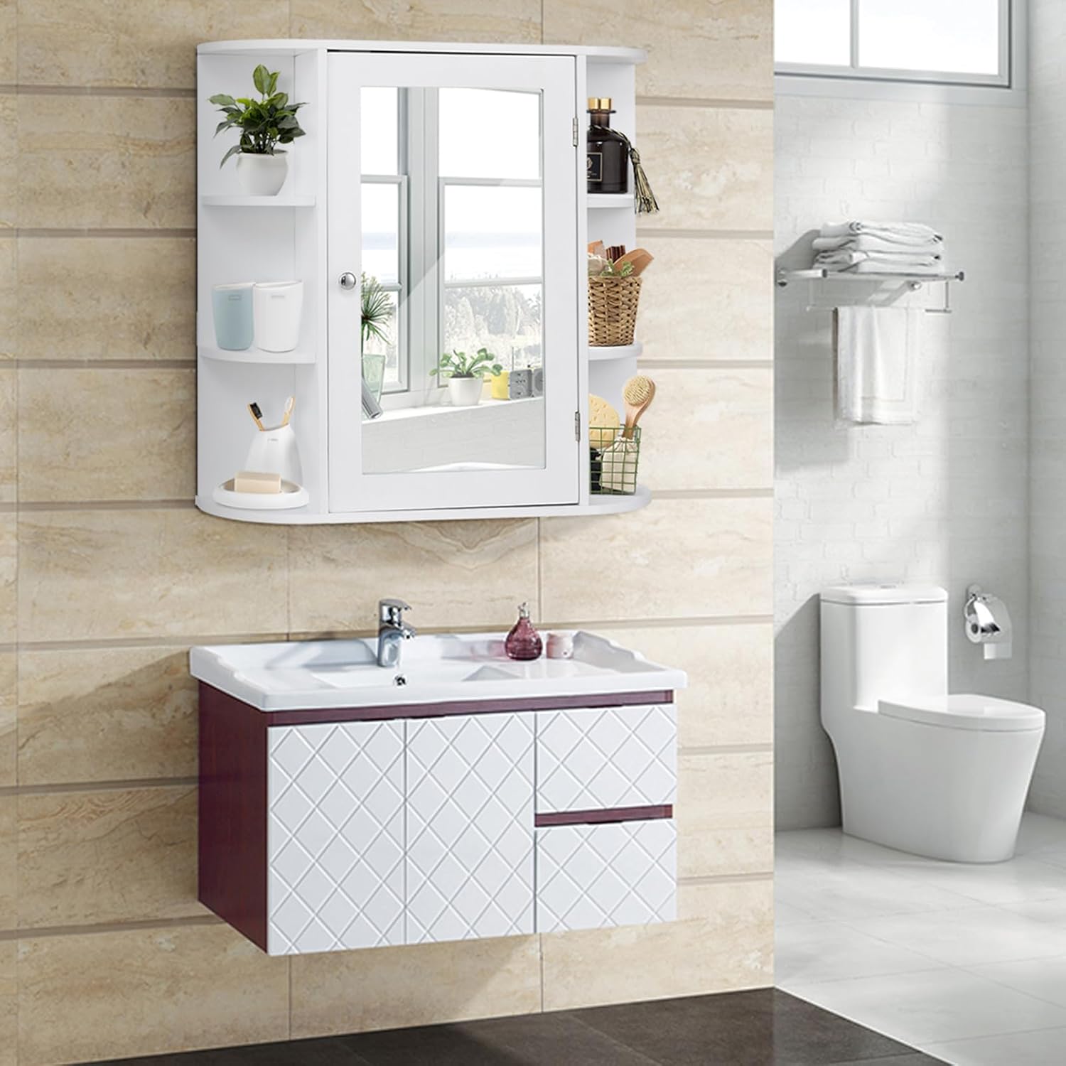Mobile da Bagno 66 x 17 x 63cm, Armadietto da parete con Specchio, Ante e Mensola Regolabile, Armadietto Moderno e Multiuso, Bianco
