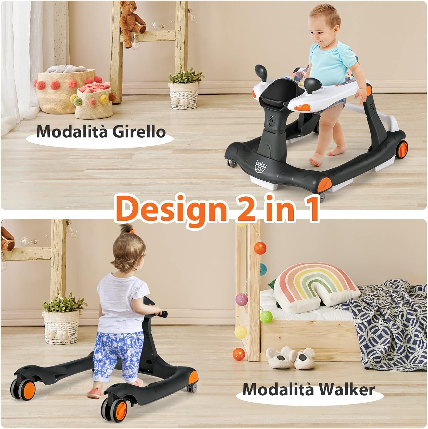 Girello per bambini 2 in 1, Girello con Altezza e Velocità Regolabili, Carillon con Luci e Cuscino Comodo, Primi Passi per Bambini 6-18 Mesi, Capacità di carico: 15 kg (Nero)