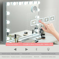 Specchio per Trucco Illuminato con 15 Lampadine Luci LED, Specchio da Toeletta Controllo Touch, per Scrivania Muro, 3 Modalit¨¤ di Colore, con Altoparlante Bluetooth USB, 58x48 cm