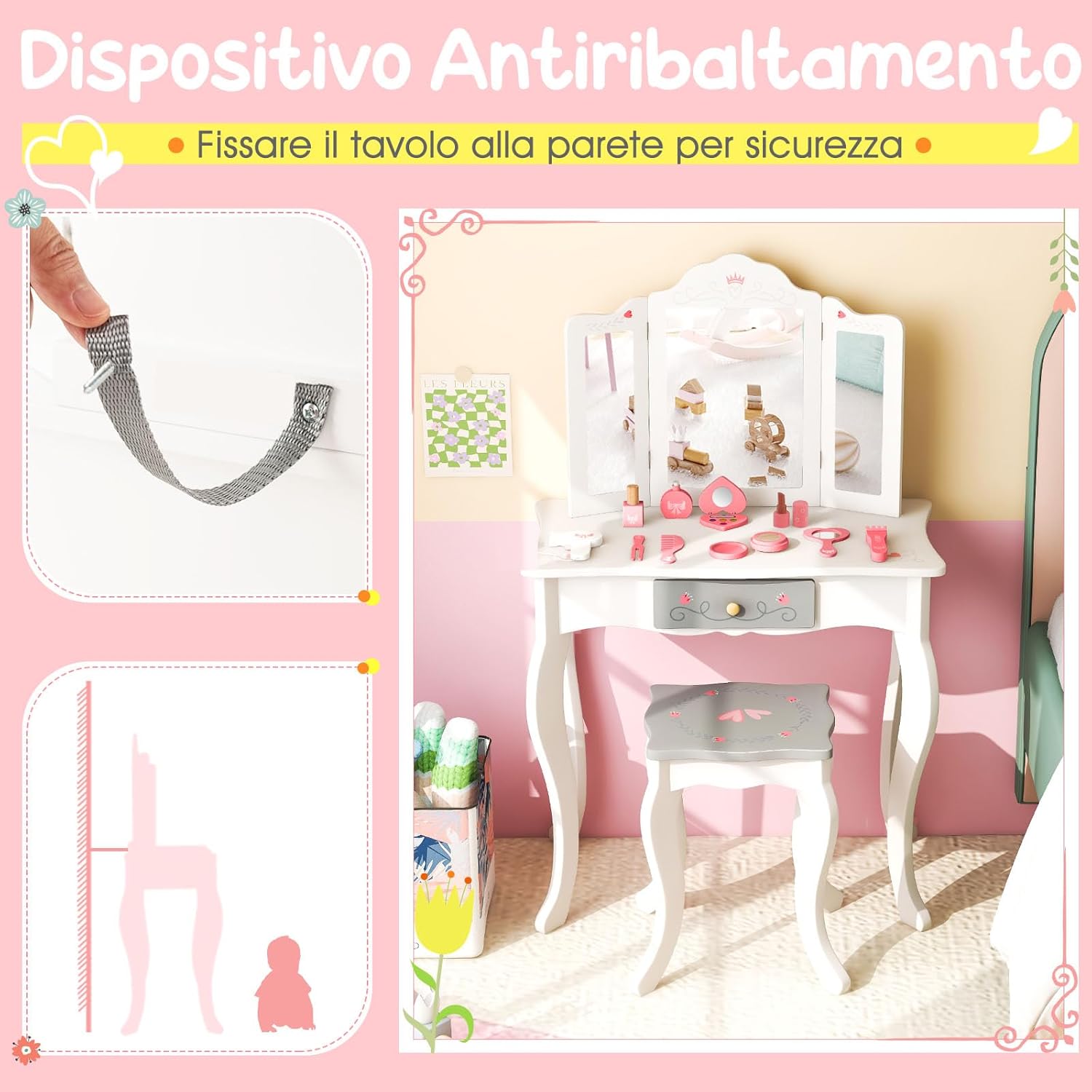 Toeletta Trucco 2 in 1 per Bambina, Specchiera Staccabile per Ragazza in Legno con Sgabello, Cassetto e Giocattoli, Postazione Trucco per 3 Anni, 50 x 34 x 93 cm, Bianco（Modello 2）