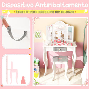 Toeletta Trucco 2 in 1 per Bambina, Specchiera Staccabile per Ragazza in Legno con Sgabello, Cassetto e Giocattoli, Postazione Trucco per 3 Anni, 50 x 34 x 93 cm, Bianco（Modello 2）