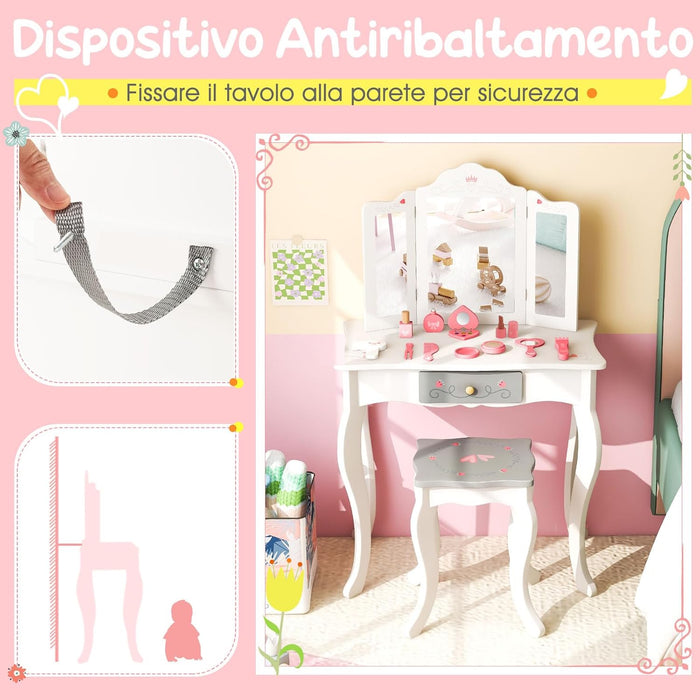 Toeletta Trucco 2 in 1 per Bambina, Specchiera Staccabile per Ragazza in Legno con Sgabello, Cassetto e Giocattoli, Postazione Trucco per 3 Anni, 50 x 34 x 93 cm, Bianco（Modello 2）